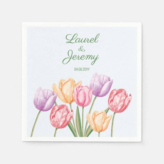 Pastell Vattenfärg Tulpan Blommor Vårbröllop Pappersservett (Framsidan)