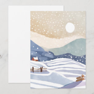 Pastell Vattenfärg Vinter Kullar Julkort