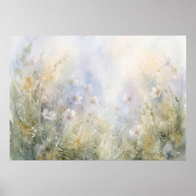 Pastell vildblomma ormbunksäng akvarell affisch (Framsidan)