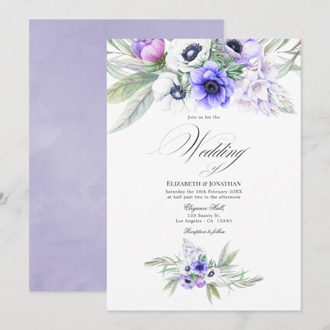 Pastell Violett Blommig Bröllop Inbjudningar (Fram/baksida)