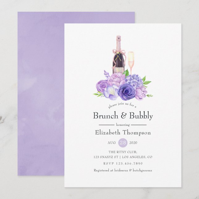 Pastell Violett Blommig Brunch & Bubbly Bröllopsdu Inbjudningar (Fram/baksida)