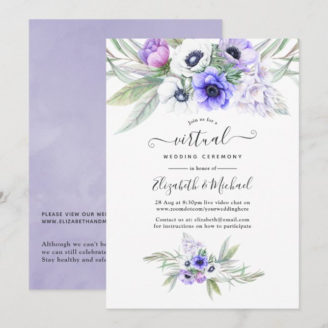 Pastell Violett Blommig Online Bröllop Inbjudningar (Fram/baksida)