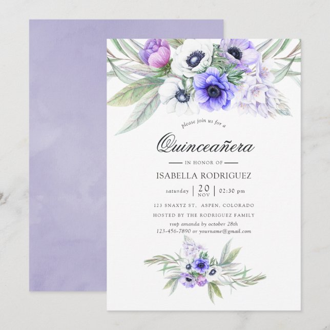 Pastell Violett Blommig Quinceañera Inbjudningar (Fram/baksida)