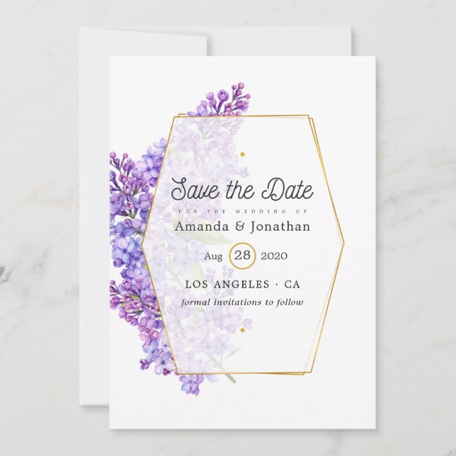 Pastell Violett och Guld Geometrisk Herbarium Bröl Spara Datumet (Framsida)
