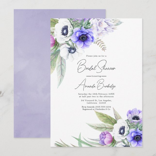 Pastell Violett och Plommon Blommig Bröllopsdusch Inbjudningar (Fram/baksida)