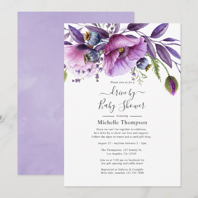 Pastell Violett Poppy Blommig Drive By Dusch Inbjudningar (Fram/baksida)