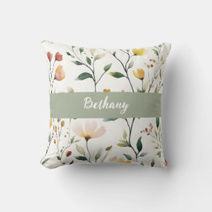 Pastell Watercolor Vildblomma Monogram Namn Kudde