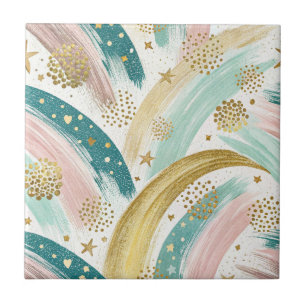 PastellAbstrakt med Whimsique Rainbow med Guld Sta Kakelplatta