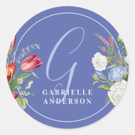 Pastellavendelblomma Monogram vattenfärg Runt Klistermärke
