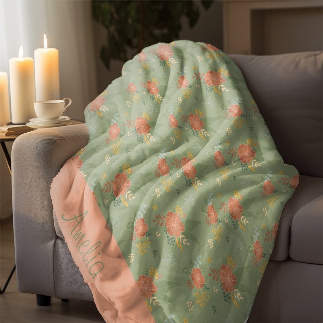 Pastellbeige grönt mint blommigt rand mönster namn fleecefilt (Skapare uppladdad)