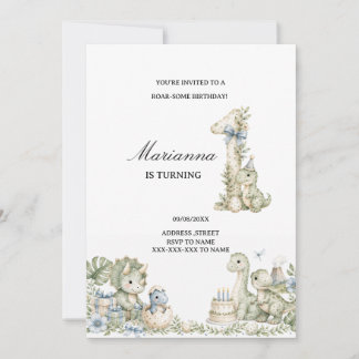 Pastellblå Akvarell Dinosaurie 1-årsdag Inbjudningar