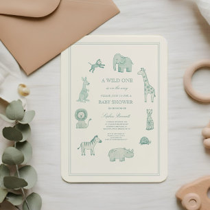 Pastellblå akvarell Safari-djur Baby Shower Inbjudningar
