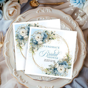 Pastellblå akvarellblommor guld bröllopsdusch pappersservett