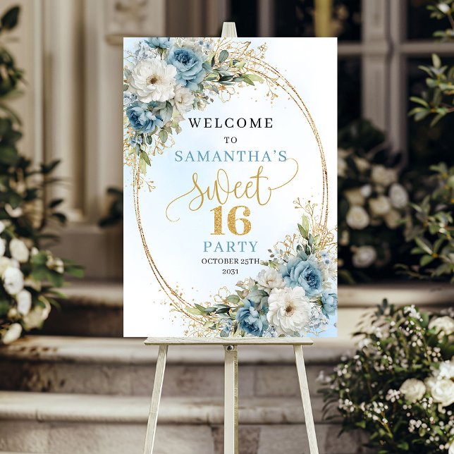 Pastellblå akvarellblommor guldglitter söt poster (Pastel blue watercolor florals gold glitter sweet sixteen

)