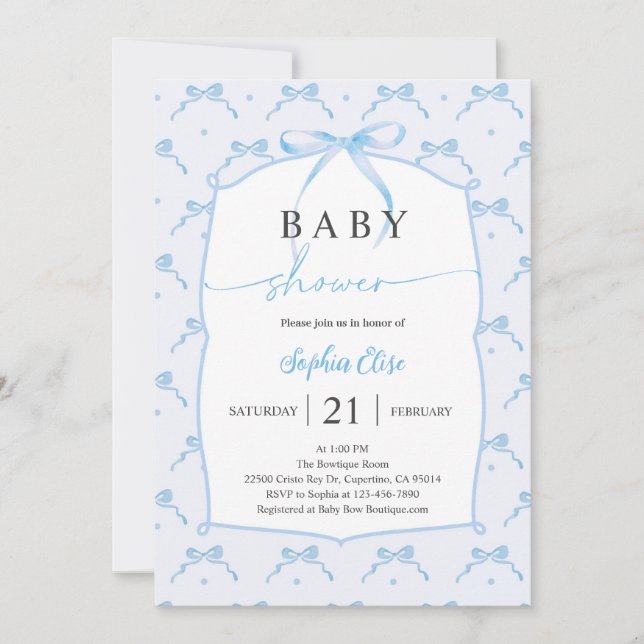 Pastellblå baby shower med rosett inbjudningar (Framsida)