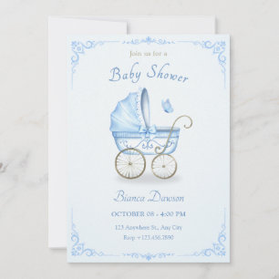 Pastellblå babydusch för mjuka baby barnvagn inbjudningar