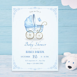 Pastellblå babydusch för mjuka baby barnvagn inbjudningar