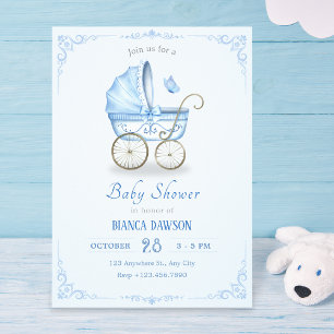 Pastellblå babydusch för mjuka baby barnvagn inbjudningar