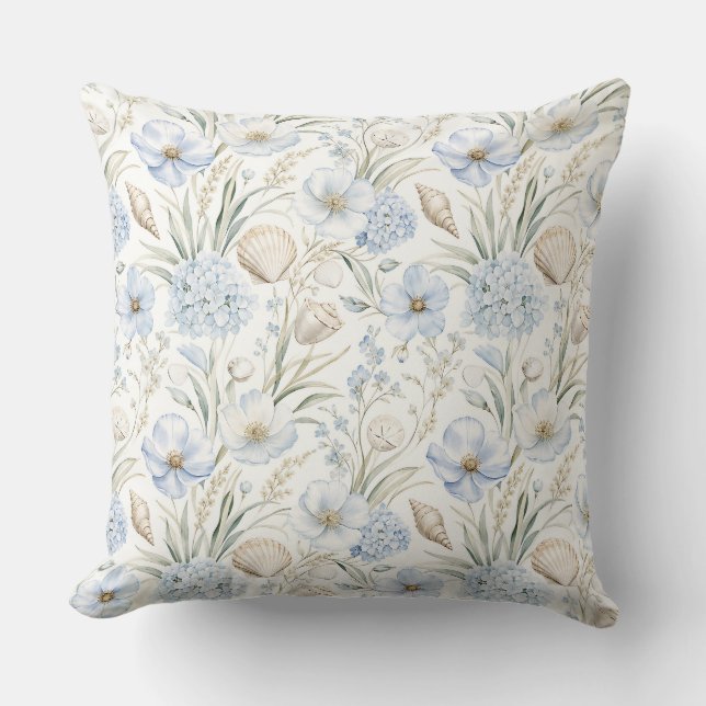 PASTELLBLÅ & BEIGE SNECKOR OCH BLOMMOR KUDDE (Framsida)