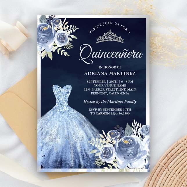 Pastellblå blomklänning Navy Silver Quinceanera Inbjudningar (Skapare uppladdad)