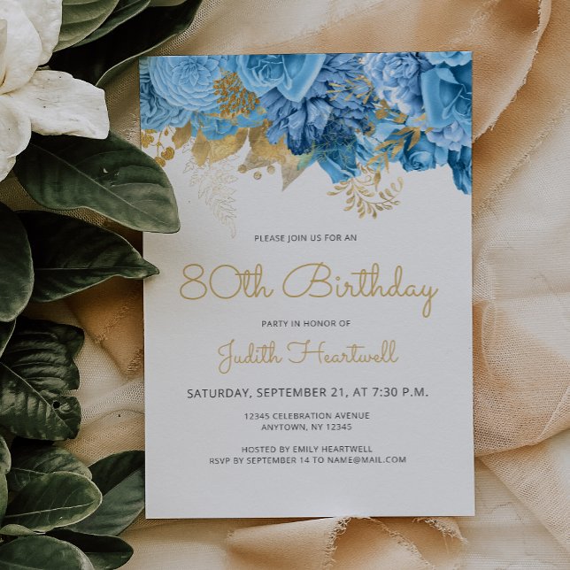 Pastellblå Blommig 80-årsfest Inbjudningar (Skapare uppladdad)