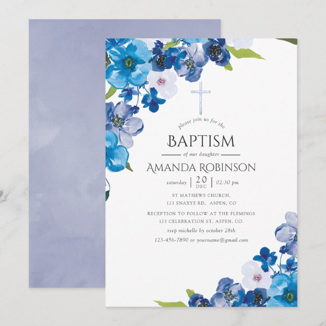 Pastellblå blommig dop eller dopceremoni inbjudningar (Fram/baksida)