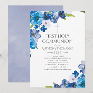 Pastellblå blommig dop eller dopceremoni inbjudningar