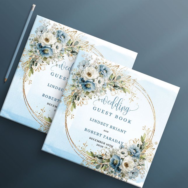 Pastellblå Blommig Grönska Guld Glitter Signaturgä Gästböcker (Pastel Blue Floral Greenery Gold Glitter Guest Book

)