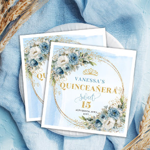 Pastellblå Blommig Guld 15-årsdag Servetter