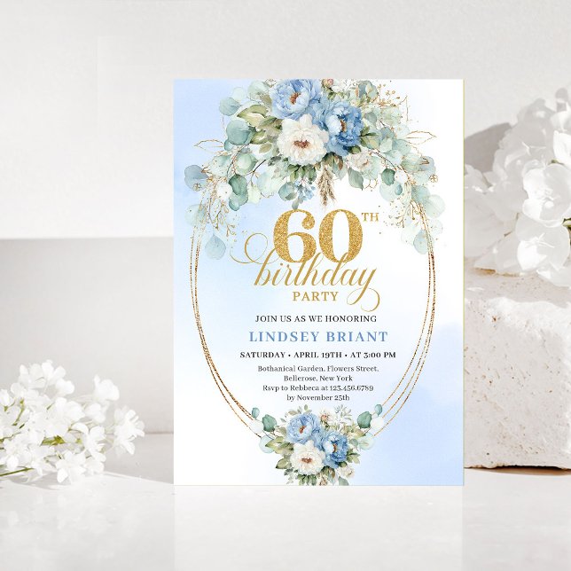 Pastellblå Blommig Guld 60-års Födelsedagsinbjudan Inbjudningar (Pastel Blue Floral Gold 60th Birthday Invitation)