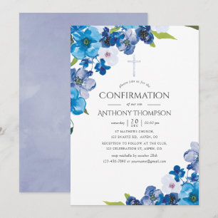 Pastellblå blommig konfirmation inbjudningar