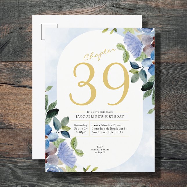 Pastellblå Blommigt på födelsedagen Inbjudan Vykort (Skapare uppladdad)