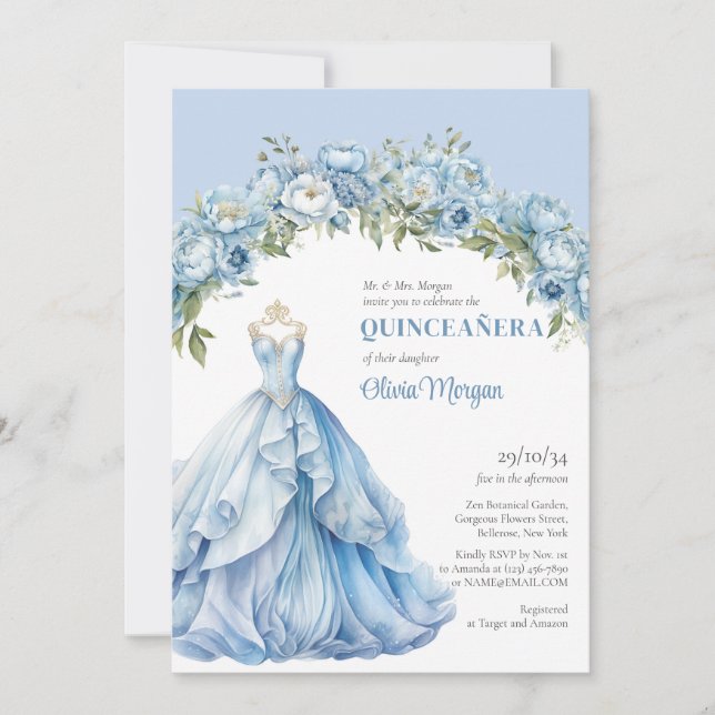 Pastellblå blommigt peonies Formal Gown Quinceañer Inbjudningar (Framsida)