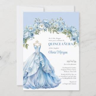 Pastellblå blommigt peonies Formal Gown Quinceañer Inbjudningar