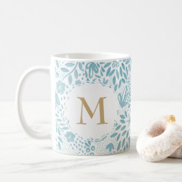 Pastellblå Blommönster Monogram Kaffemugg