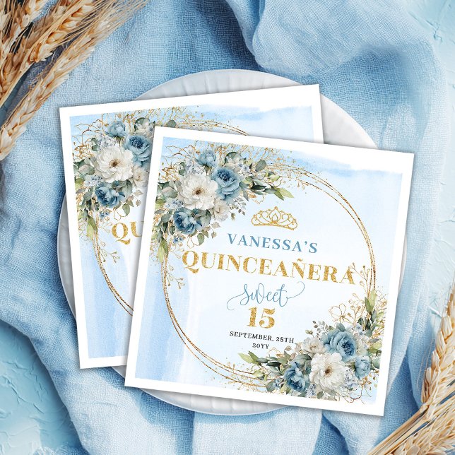 Pastellblå blommor Guld 15-årsdag servetter (Pastel Blue Flowers Gold 15th Birthday Napkins)