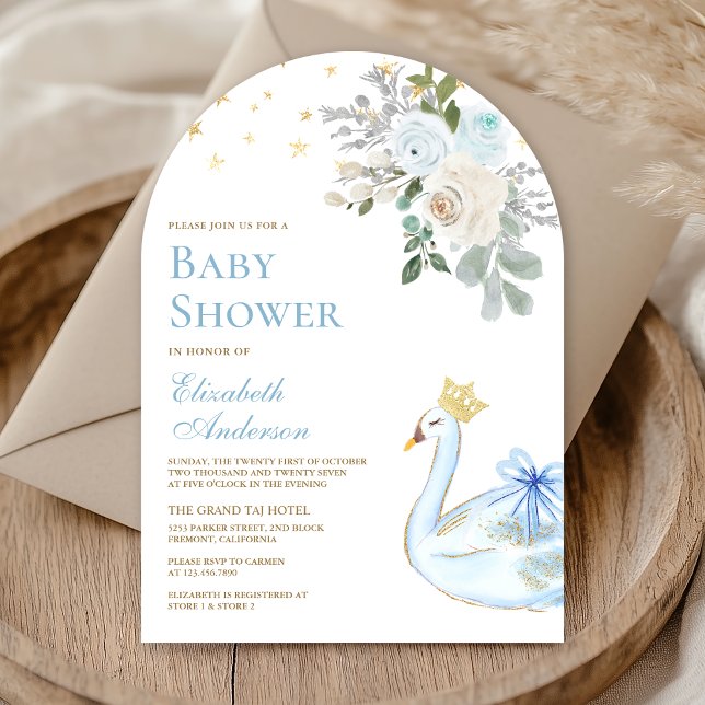 Pastellblå blomster svan prinsessa valv baby showe inbjudningar (Skapare uppladdad)