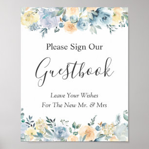 Pastellblå blomsterbröllopsgästbokssköld poster