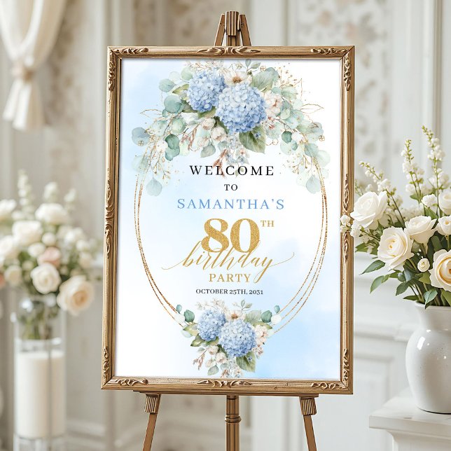 Pastellblå blomstergom eukalyptus 80 födelsedagsfi poster (Pastel Blue Eucalyptus Floral 80th birthday welcome)