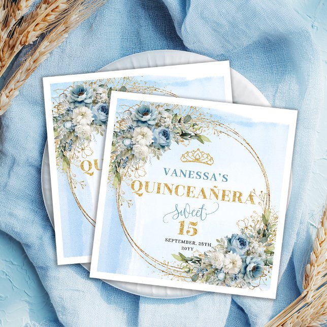 Pastellblå blomsterguld ram 15-års födelsedag serv pappersservett (Pastel Blue Floral Gold Frame 15th Birthday Napkins)
