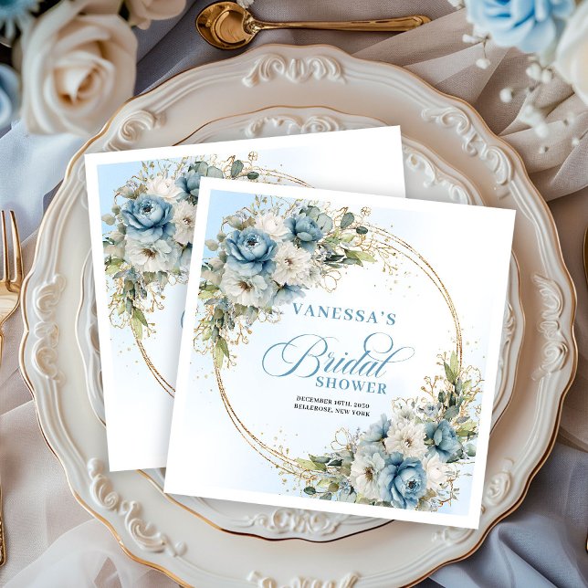 Pastellblå boho-blommor eukalyptus guld-fest pappersservett (Pastel blue boho florals eucalyptus gold party napkins

)
