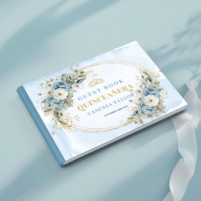 Pastellblå Boho Quince med guldgrönska gäst  Gästböcker (Pastel Blue Boho Quince with Gold Greenery guest book)