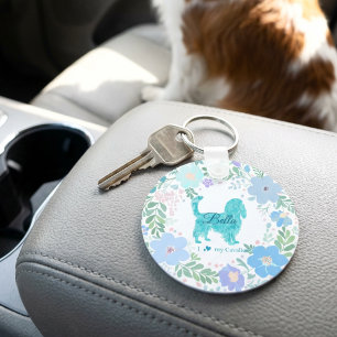 Pastellblå Cavalier King Charles Spaniel Blommig Nyckelring