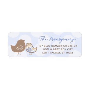 Pastellblå Damask Chick Pojke Baby Shower Adress Returadress Etikett