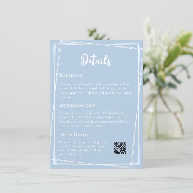 Pastellblå Elegant QR-kod Bröllopsinformation Tilläggskort (Stående Fram)