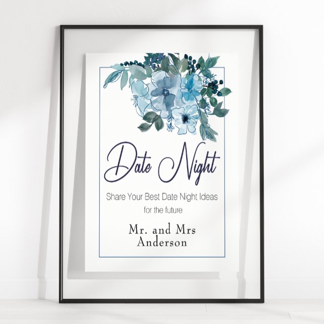 Pastellblå Eleganta Rosor Bröllopsdatum Natt Tecke Poster (Skapare uppladdad)