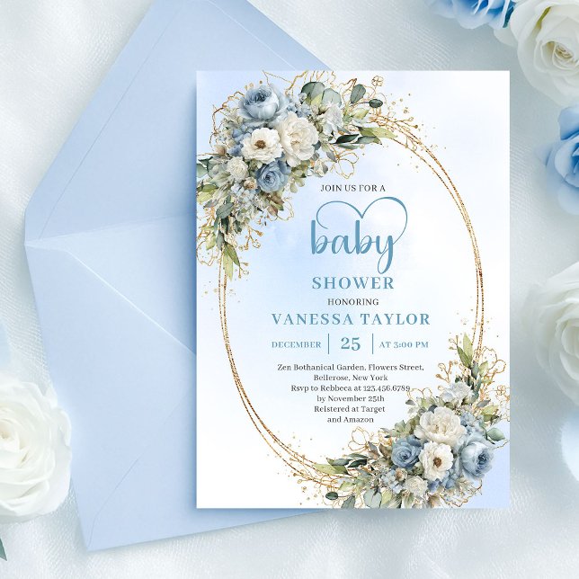 Pastellblå Eukalyptus Blommig Guld Bebis Shower   Inbjudningar (Pastel Blue Eucalyptus Floral Gold Baby Shower Card

)
