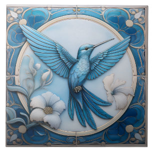 Pastellblå falsk relief Art Nouveau Kolibri R Kakelplatta