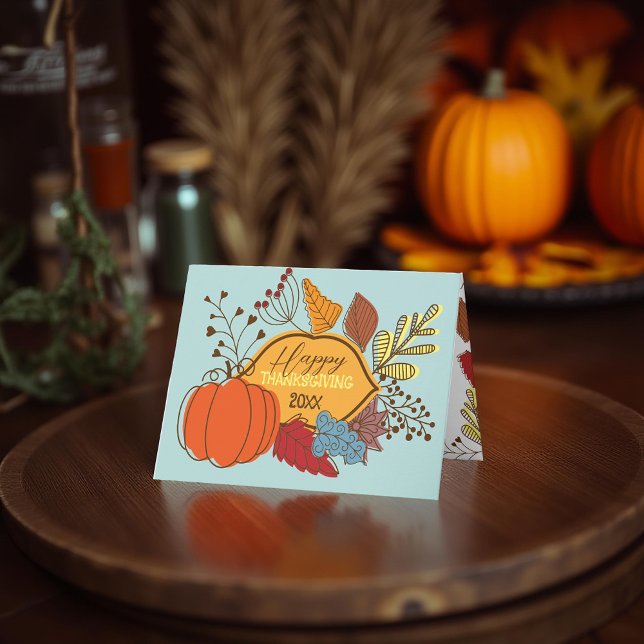 Pastellblå folkkonst-pumpa Thanksgiving Kort (Skapare uppladdad)