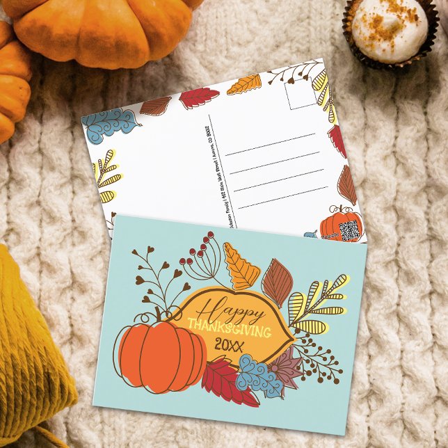 Pastellblå folkkonst-pumpa Thanksgiving Vykort (Skapare uppladdad)